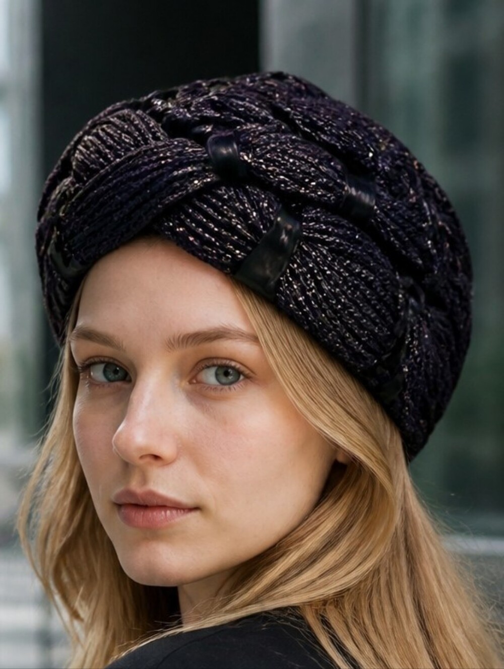 Indigo Blue Braided Turban Hat  With Back Bow 1104